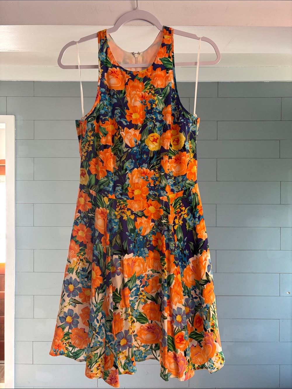 Yumi Kim Orange Floral‎ V-Neck Dress with Navy Accents